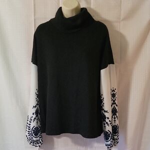 Women's Turtle Neck Sweater With White Embroidered Sleeves, Size S